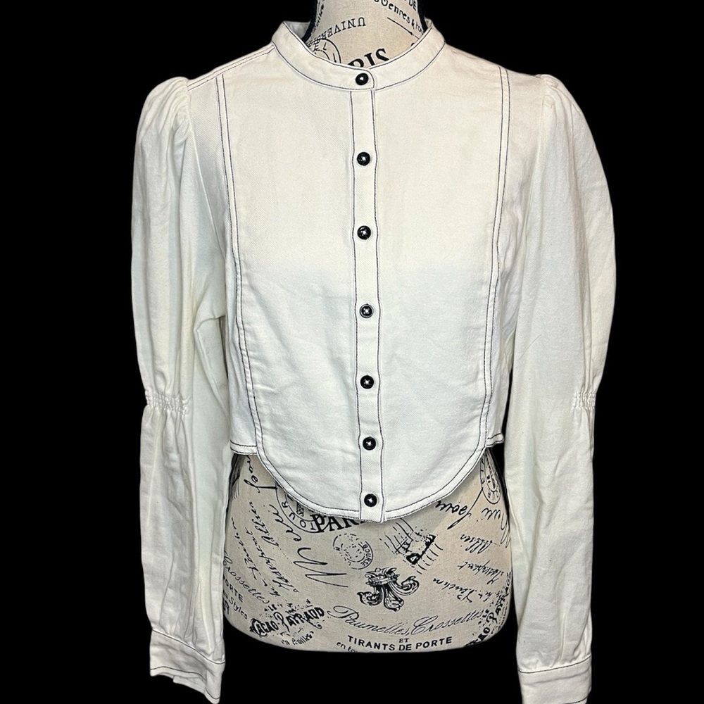 Anthropologie White Button-Front Puff Sleeve Top